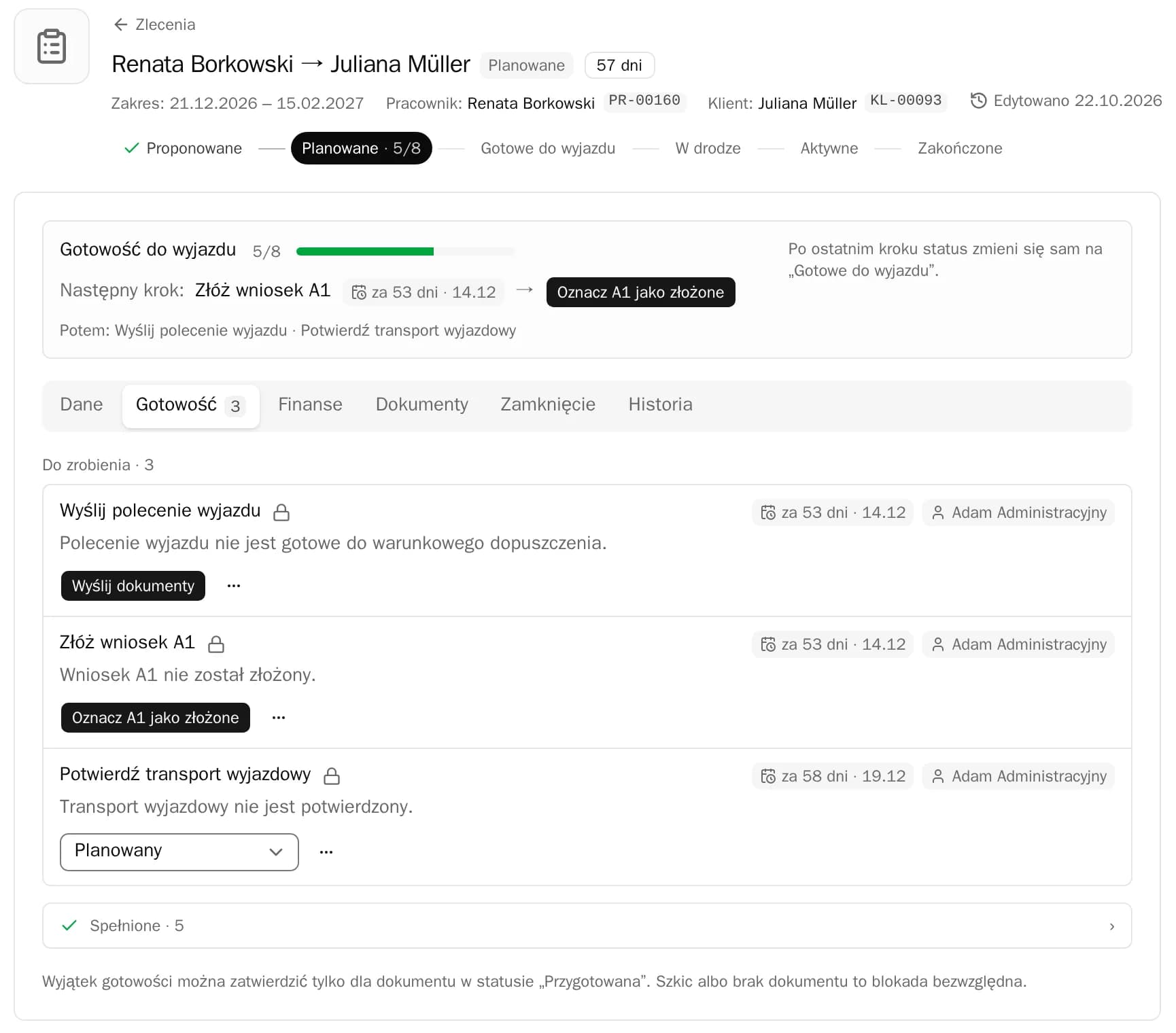 Karta zlecenia w Appce: gotowość do wyjazdu 5 z 8, następny krok „Złóż wniosek A1” z terminem i lista spraw do zrobienia z osobą odpowiedzialną.